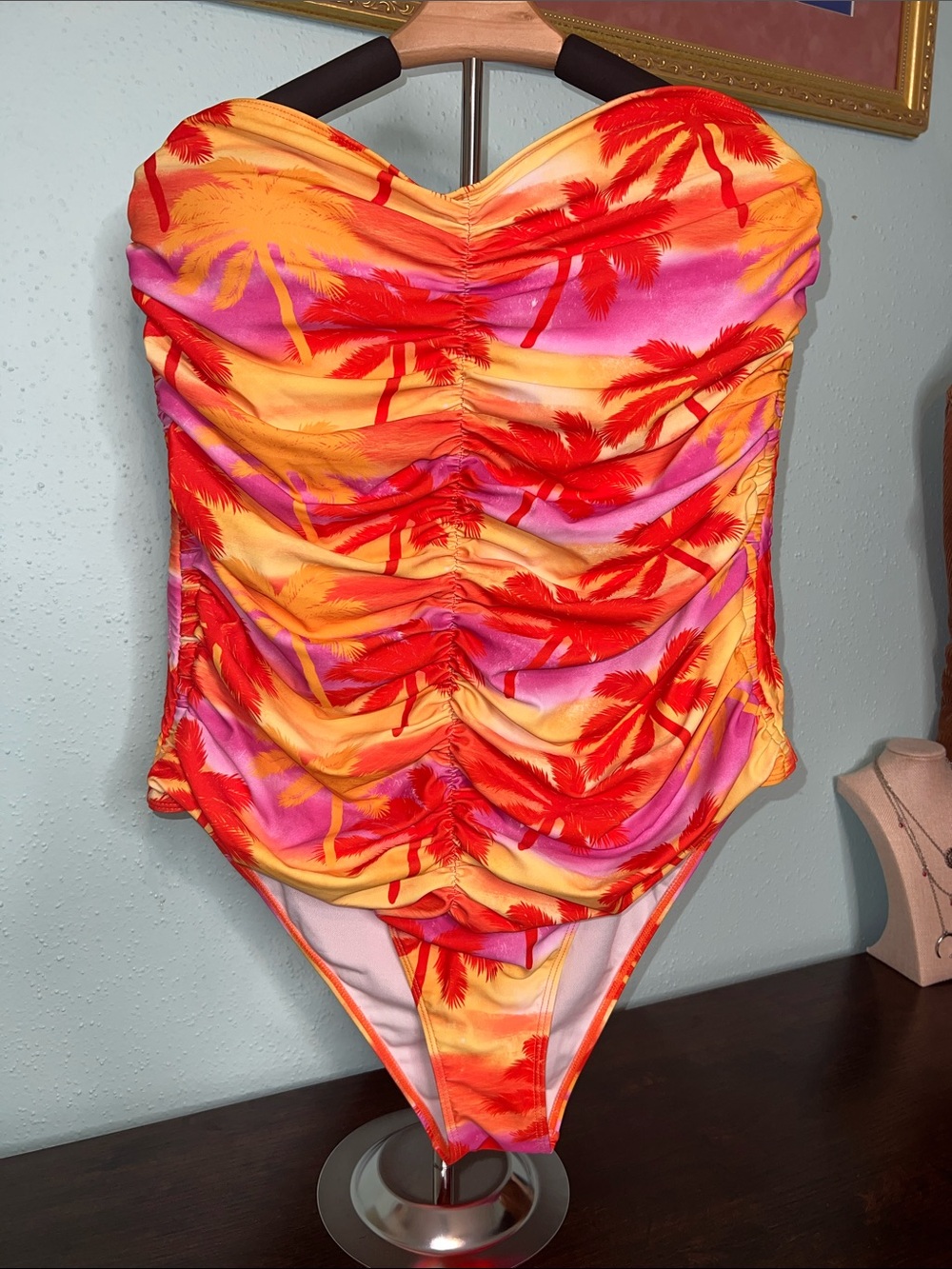 Strapless Tropical Ruched One-Piece Swimsuit in Orange & Pink